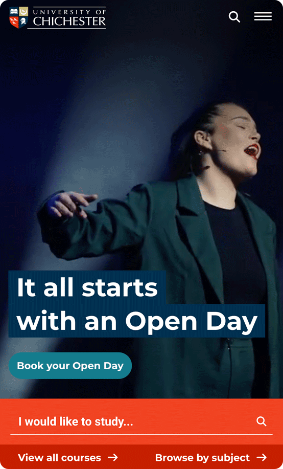 University of Chichester landing screen on mobile